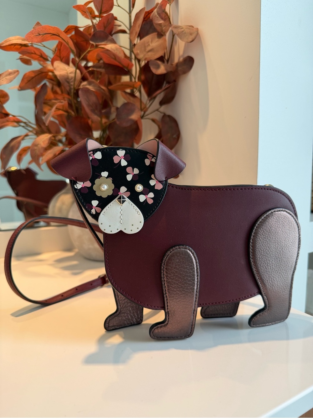 Kate spade Cute Burgundy Dog-Shaped Crossbody Bag with Floral Face